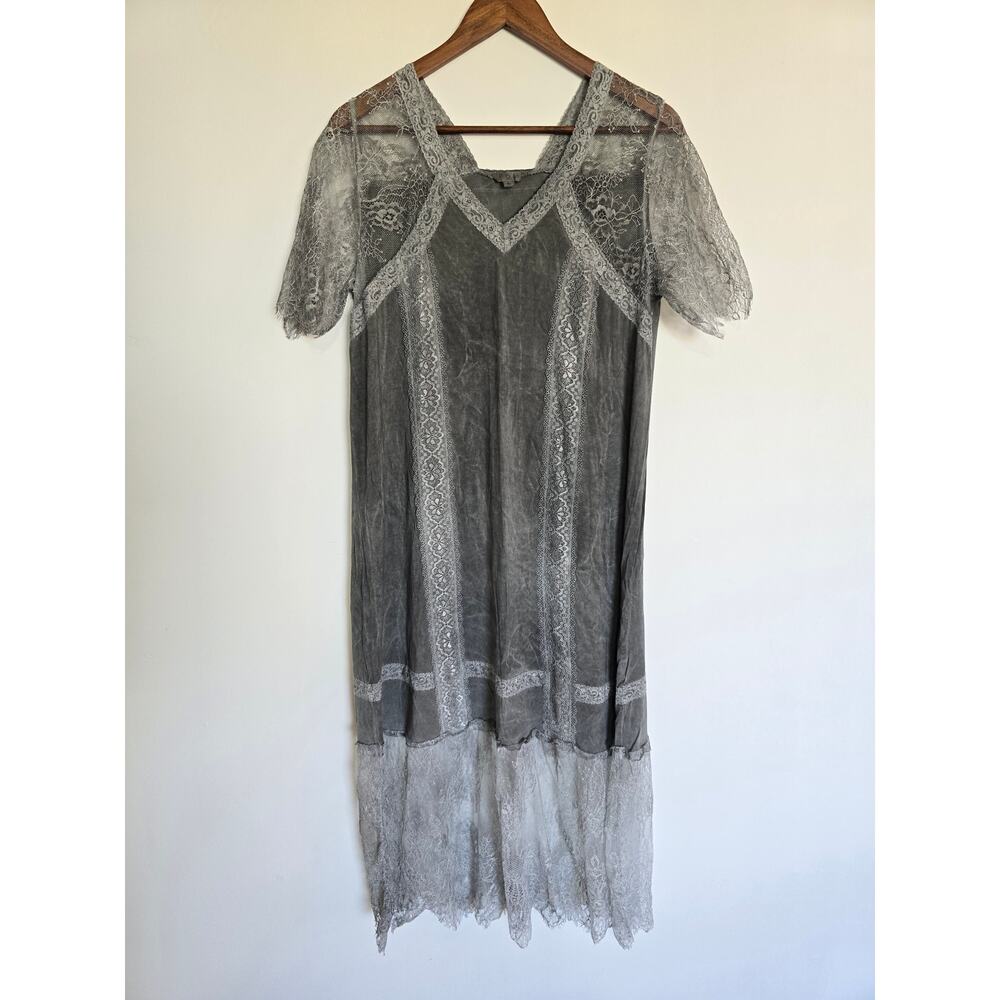 POL Gray Lace Overlay Midi Dress Boho Romantic Relaxed Fit Size Large